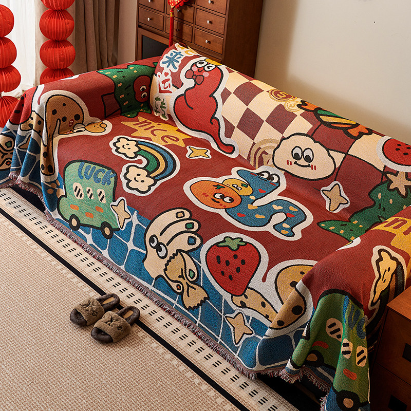 多巴胺卡通沙发盖布2025新款四季通用盖毯防滑一片式直排沙发套罩