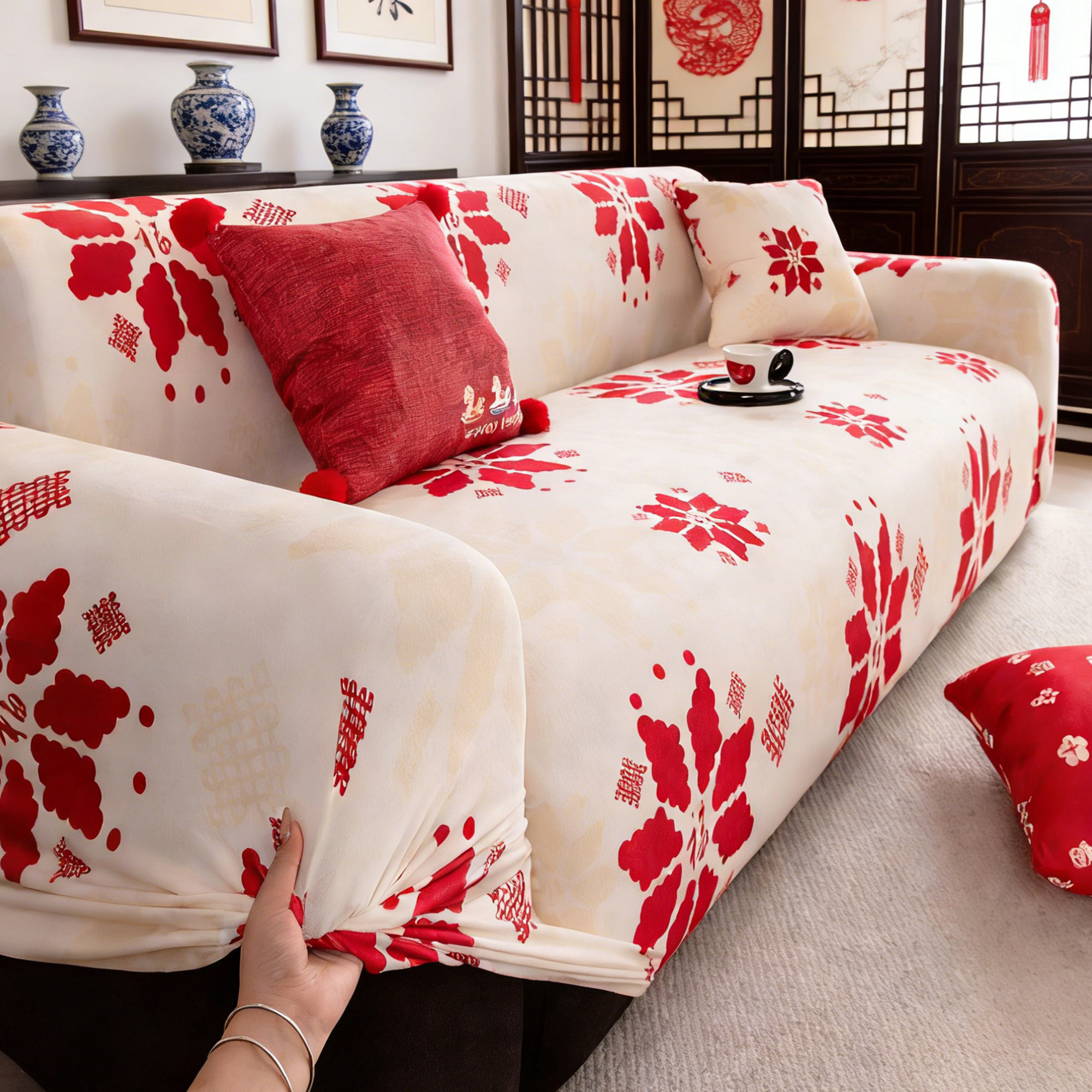 霏彩沙发套罩全包万能套2026新款雪花边纹防猫抓直排通用沙发套罩