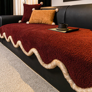 2026新年红色喜庆沙发垫冬加厚羊羔绒一片式氛围感皮沙发坐垫盖布