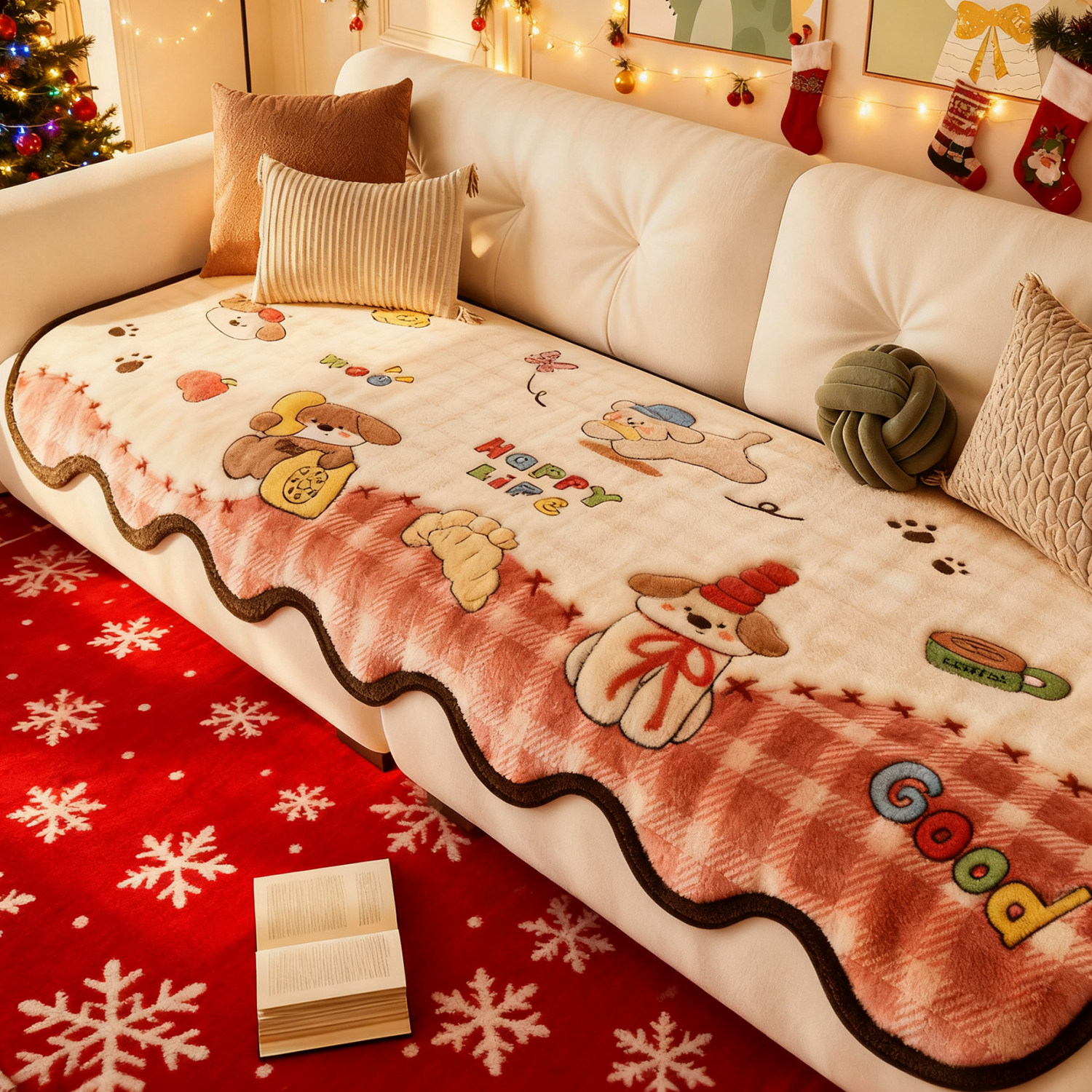 马年节庆沙发垫2026新款冬季加厚毛绒坐垫红色节日氛围感新年盖布