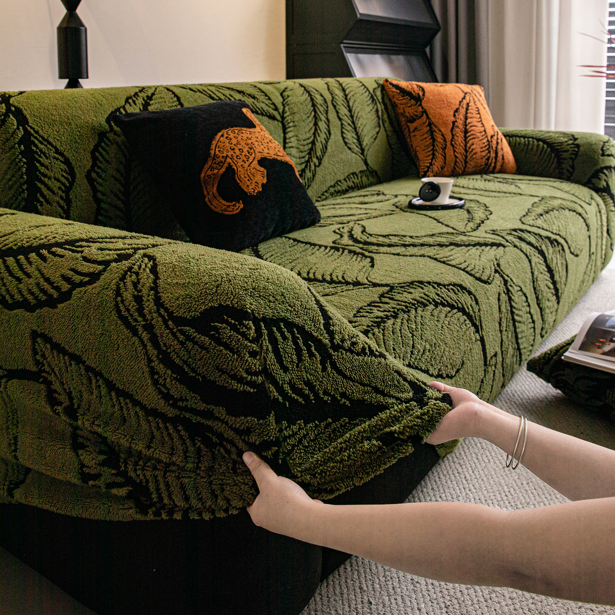 霏彩绿色毛绒沙发套罩固定防滑加厚防猫抓保护皮全包万能沙发垫巾