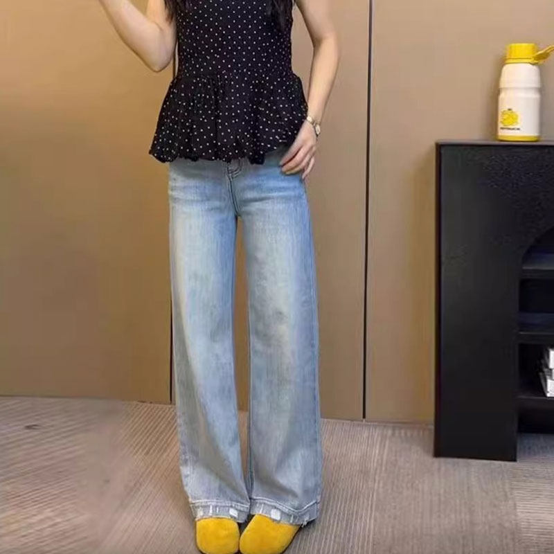 浅色直筒牛仔裤女夏季新款立体剪裁设计梨型身材大尺码不卡档阔腿