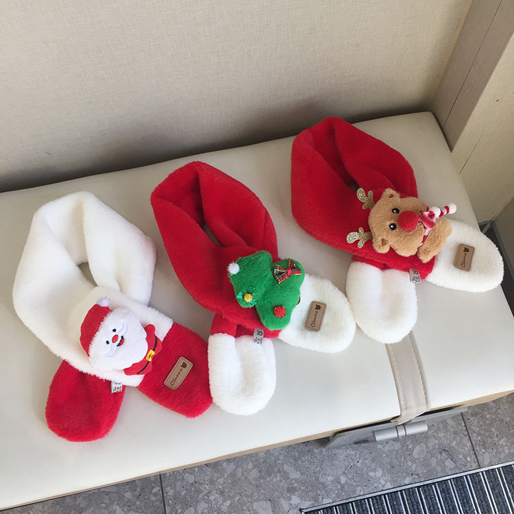 新款秋冬季拼接圣诞树雪人儿童围巾保暖加厚宝宝围脖毛绒围巾