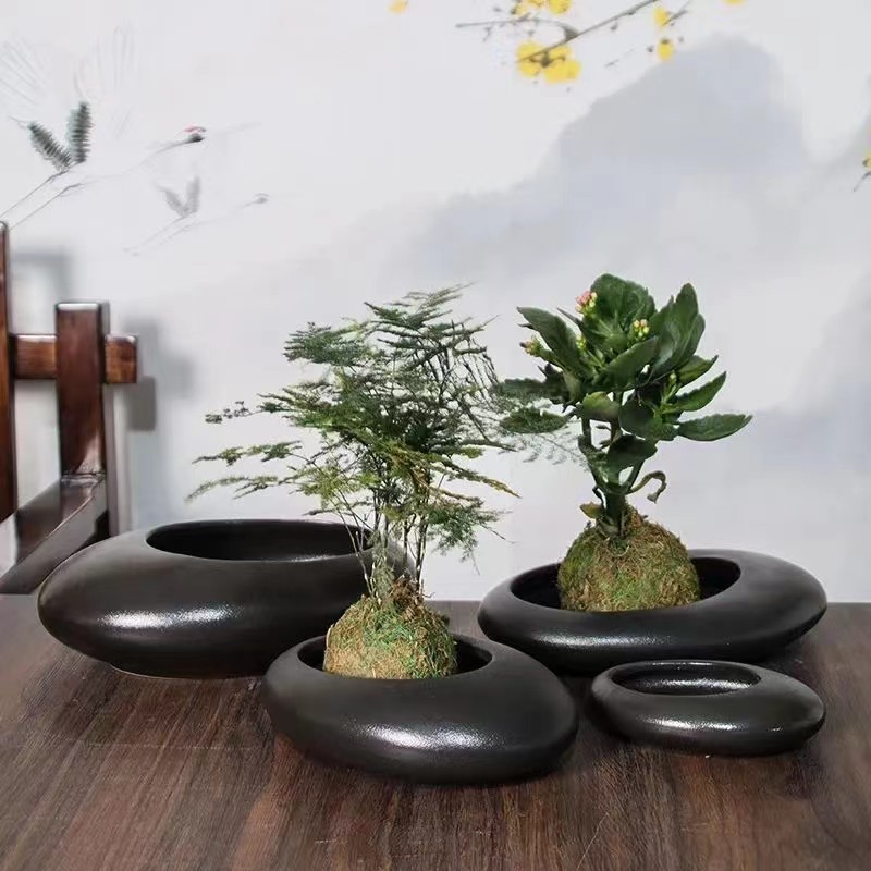 黑白粗陶瓷花盆栽绿植物多肉大号小个无孔有孔水培水养室内外家用