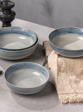 日式陶瓷矮碗单个家用复古罗汉碗蓝色面汤碗景德镇手绘釉下彩餐具