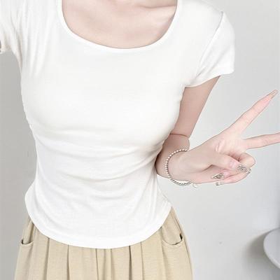 白色短袖t恤女春夏2025新款修身小众设计感掐腰短款正肩方U领上衣