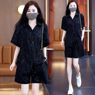 女設(shè)計感顯瘦氣質(zhì)短袖 亮片夏季 套裝 闊腿短褲 小個子大碼 時髦兩件套