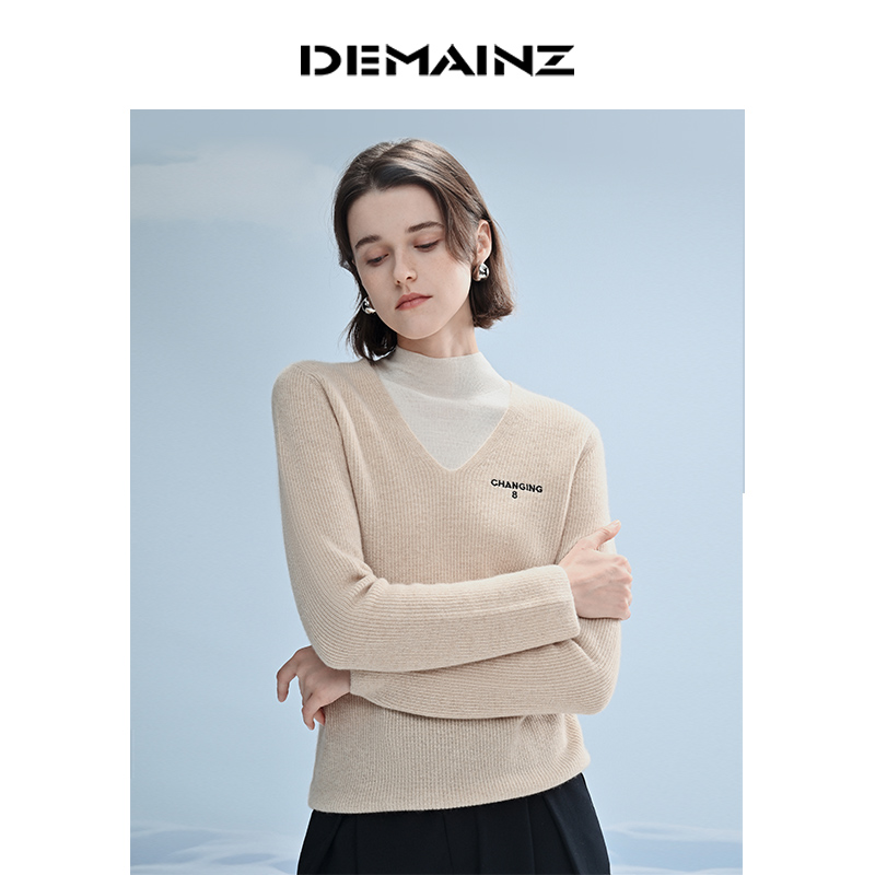 DEMAINZ地缦V领羊绒长袖打底衫女