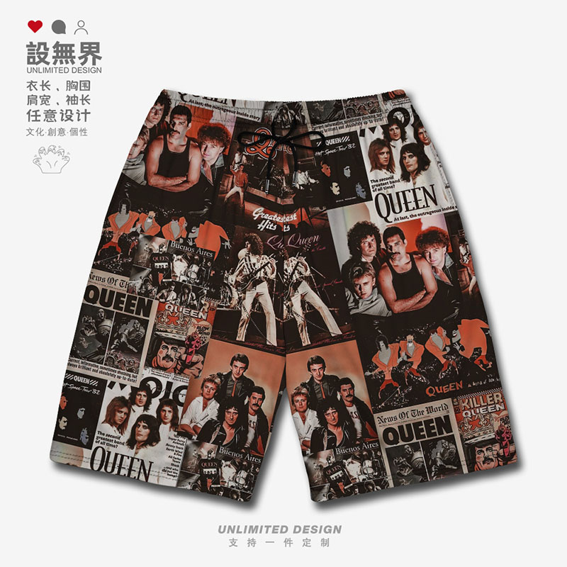 港风拼接QUEEN皇后乐队摇滚短裤