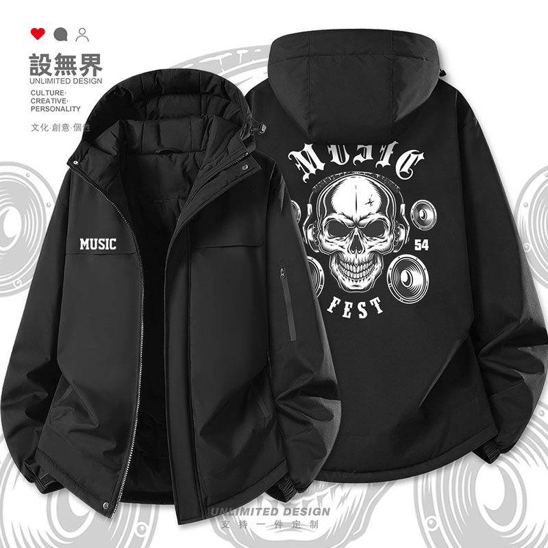 设无界摇滚音乐标志骷髅头耳机PUNK街头达人加厚棉服男女外套冬