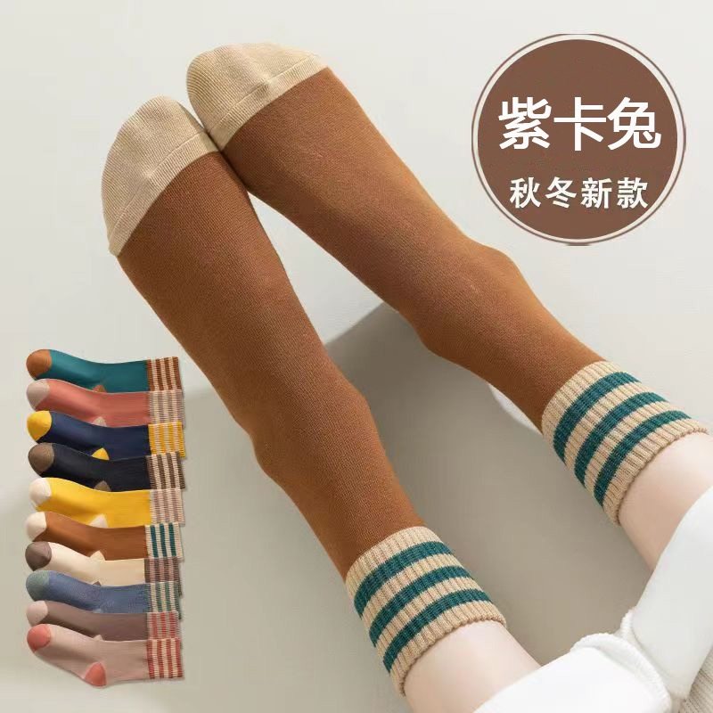 日系毛圈袜女秋冬加绒加厚中筒袜三杠保暖毛巾袜复古长袜潮袜子女