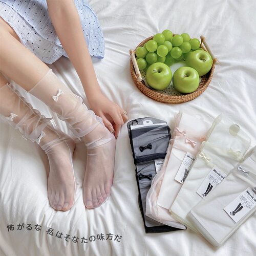 日系夏少女芭蕾风蝴蝶结超薄透明袜黑色网纱袜小领结玻璃纱堆堆袜