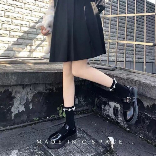 珍玛丽重工珍珠中筒袜jk袜子芭蕾风花边春秋季可爱日系女纯欲
