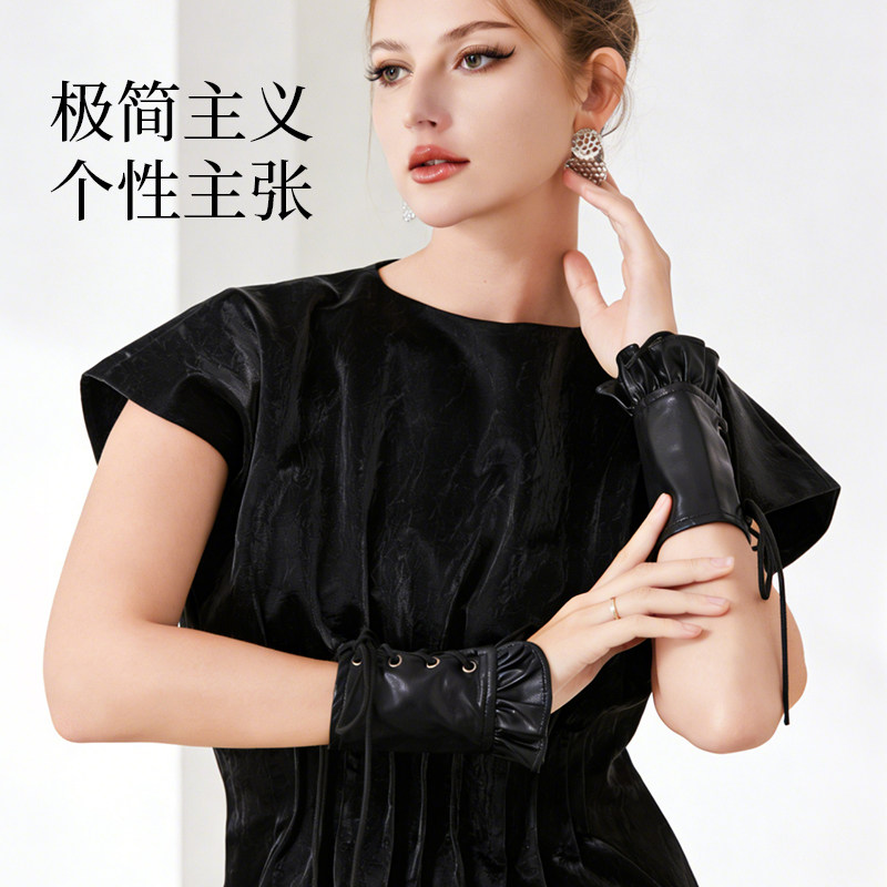 小众暗黑系皮质假袖口绑带褶皱设计哥特朋克穿搭独特个性装饰袖套