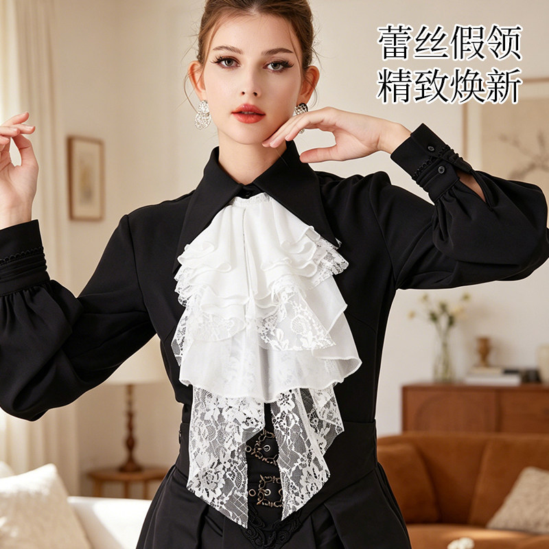法式优雅蕾丝假领多层荷叶边质感领花女通勤衬衫婚纱礼服装饰领结