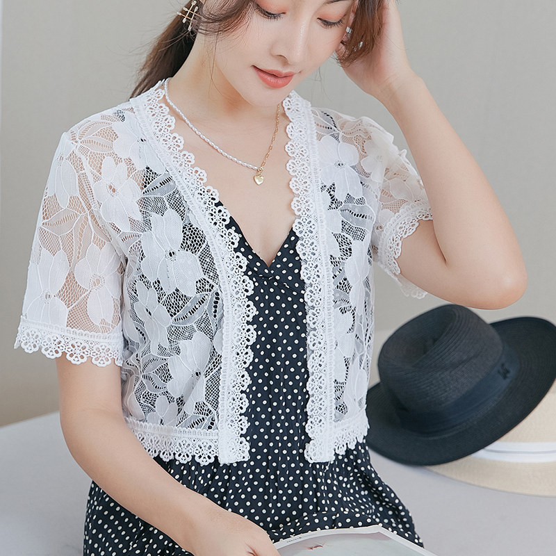 夏季女防晒披肩配裙子薄款针织开衫白色蕾丝短款防晒小外套女披肩