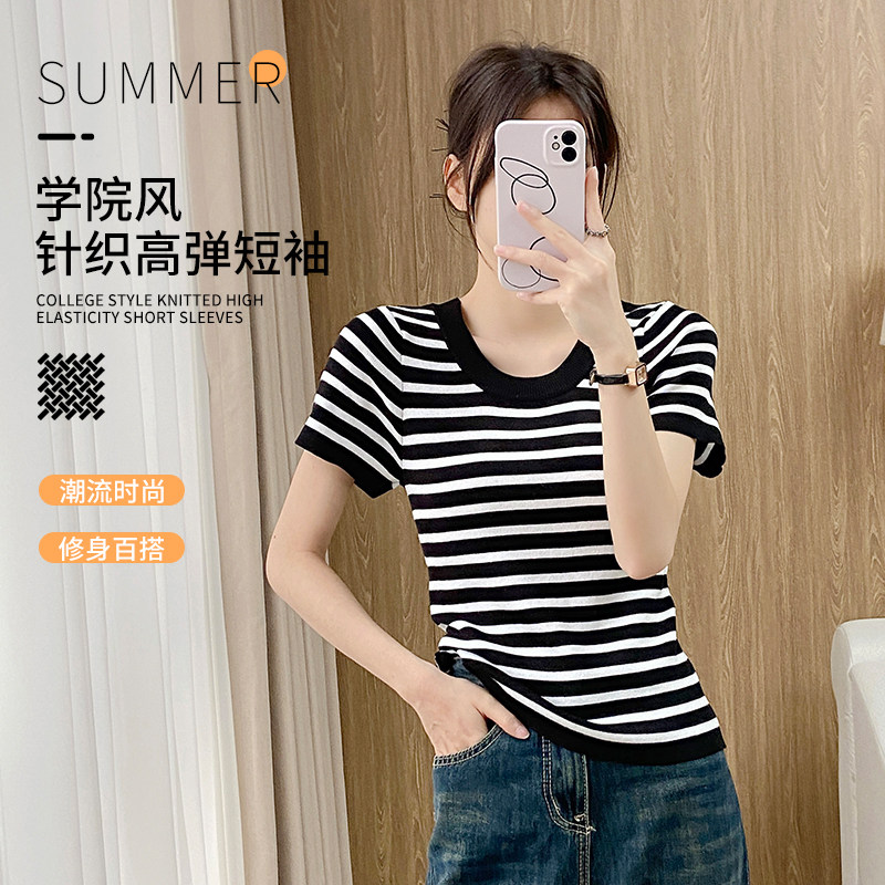 女士针织条纹T-恤衫圆领简约休闲时尚上衣轻薄宽松小个子百搭短袖