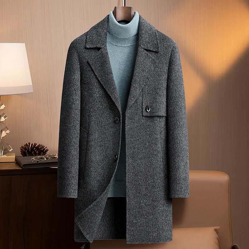 男士羊毛呢子大衣男中长款双面呢单排扣秋冬翻领高端休闲风衣外套