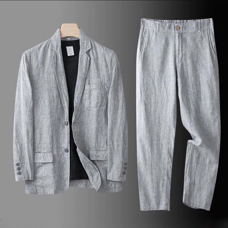 亚麻西服套装2025男士休闲西装春秋季薄款夏长袖中年男装秋装衣服