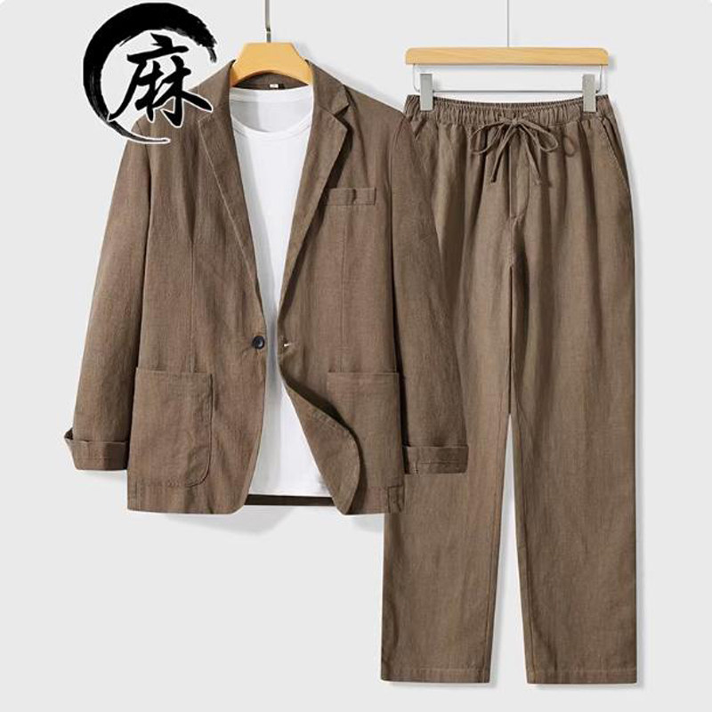 春夏季休闲棉麻西服套装男男士薄款透气宽松亚麻西装套装男高级感