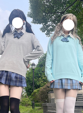 LF原创jk制服纯色套头V领毛衣女日系学院风秋冬纯棉针织衫长袖女
