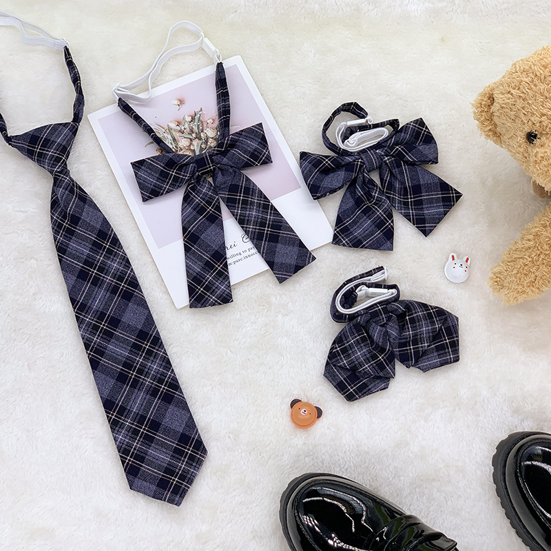 LF【素锦】JK制服黑蓝灰色平角领结长柄领花双层免打手打领带