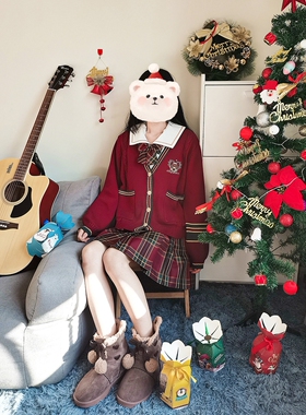 lF原创圣诞小熊新年JK套装日系学院风制服红色毛衣开衫女外套秋冬