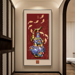 九鱼纳福玄关装饰画新中式入户正对门挂画葫芦寓意好走廊过道壁画