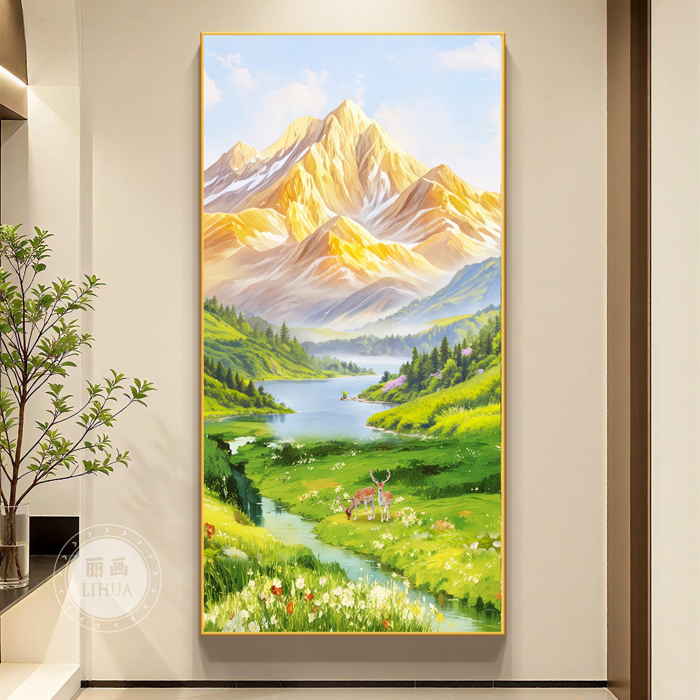 聚宝盆玄关山水画现代简约高档大气走廊尽头挂画日照金山客厅壁画