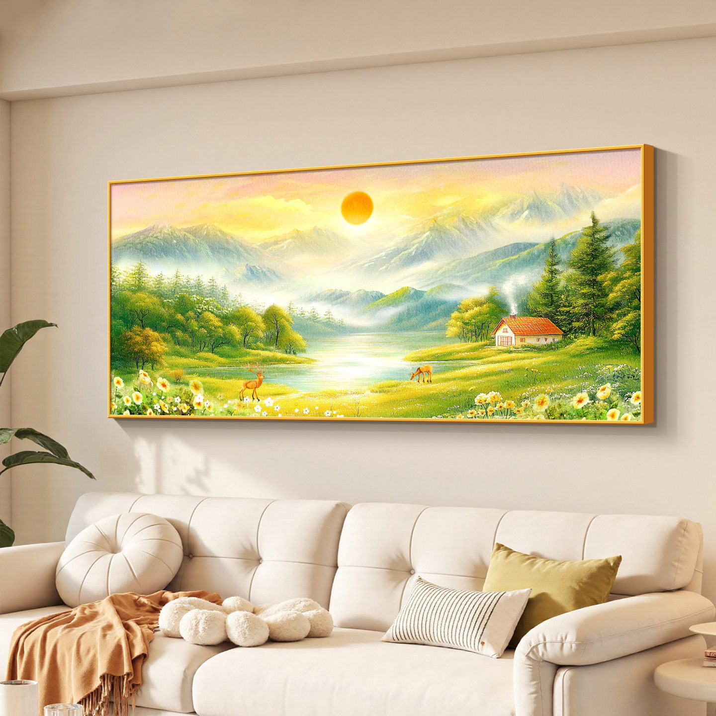 旭日东升客厅沙发背景墙装饰画现代简约流水生财挂画聚财山水壁画