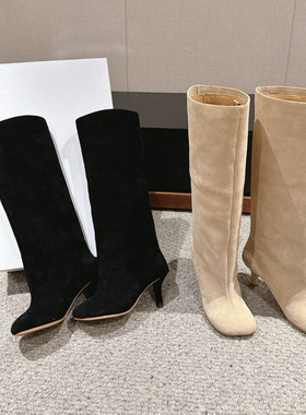 麂皮高跟不过膝长靴苹果头细跟直筒靴小众西部牛仔靴女显瘦库管靴