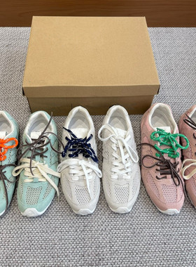 夏新款粉蓝真皮镂空透气网双鞋带联名德训鞋女运动小白鞋轻便跑鞋