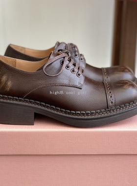 复古擦色真皮深口系带粗跟女单鞋厚底乐福鞋春秋英伦风时尚小皮鞋