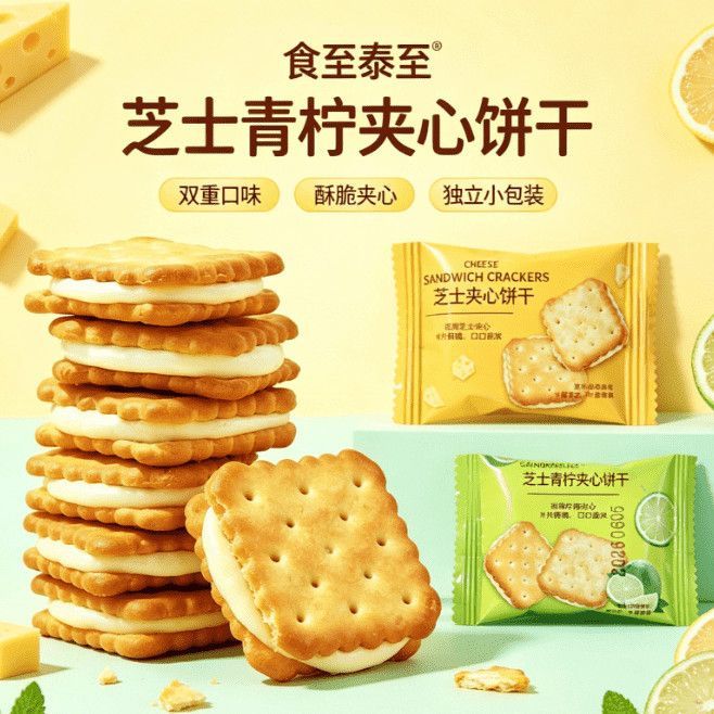 柠檬芝士夹心饼干清爽独立包装咸香酥脆休闲办公室宿舍零食酥脆