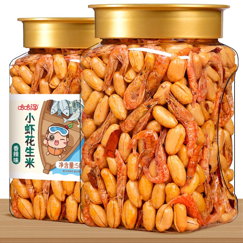 小虾干花生米香辣下酒菜500g炒货特产休闲零食小吃年货酒友花生米