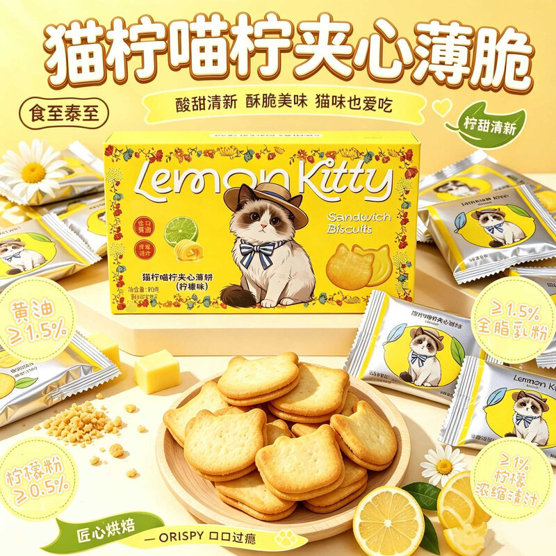 香水柠檬夹心饼干薄脆小猫饼解馋零食品独立小包装儿童囤货休闲