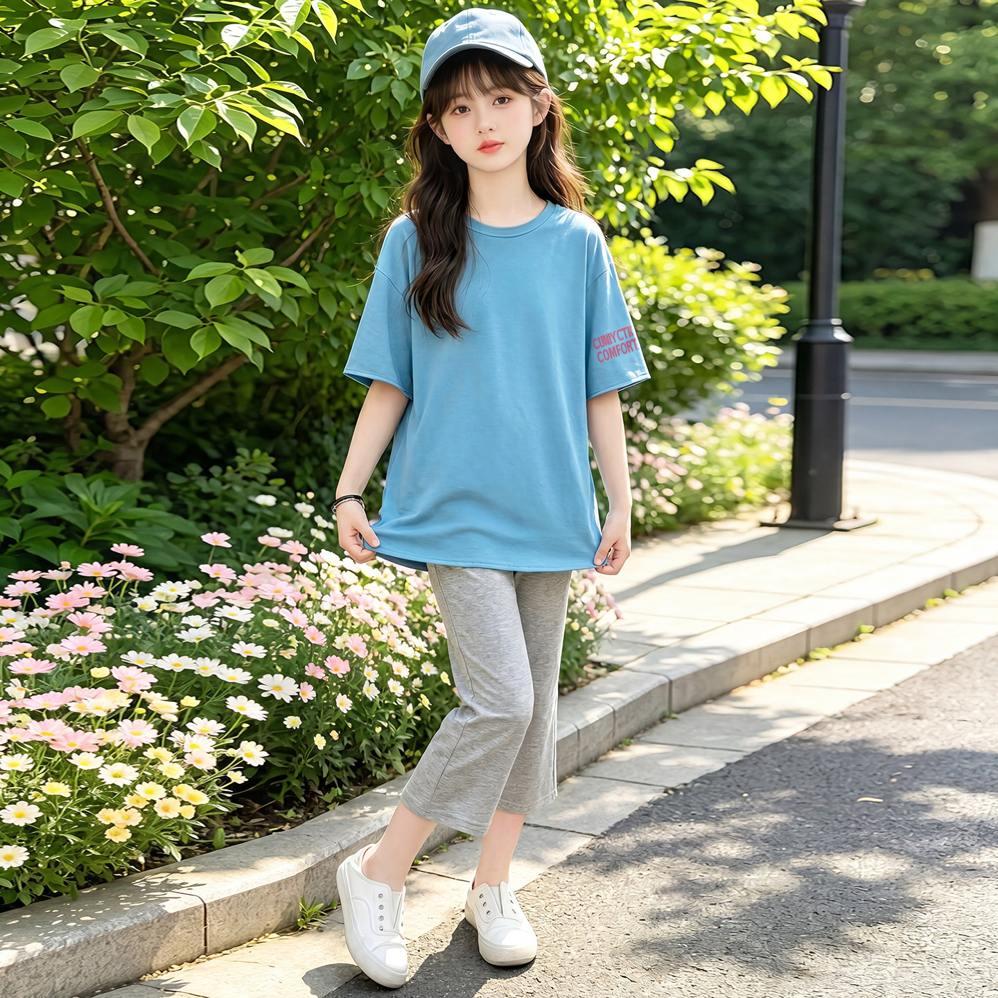 女童小清新蓝色短袖T恤休闲套装2026夏季新款灰色七分喇叭裤套装