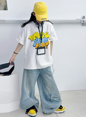 宋雨琦同款hiphop街舞短袖T恤女童2026新款跳舞白色假两件上衣潮