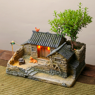 复古建筑老房子模型苔藓微景观造景创意花盆文竹盆栽盆景摆件 中式
