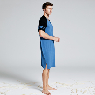 睡裙睡袍男夏季 宽松加大码 薄款 短袖 冰丝莫代尔睡衣男长款 凉爽男士