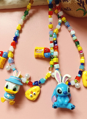 女唐老鸭史迪仔彩色手工串珠项链
