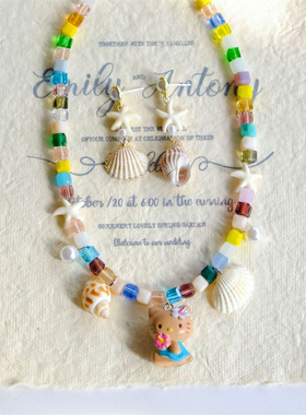 原创kitty树脂水晶串珠贝壳项链