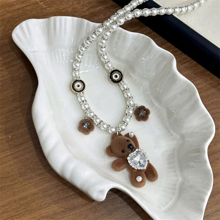 原创手作卡通可爱植绒小熊爱心水钻花朵珍珠短款项链颈链锁骨链女