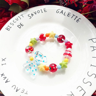 手作童趣卡通可爱琉璃瓢虫爱心蝴蝶结彩色串珠弹力手链闺蜜手串女