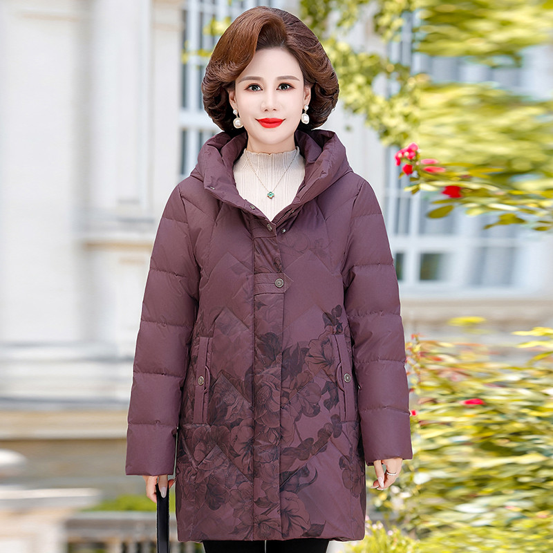 妈妈冬装连帽羽绒服洋气中长款