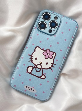 皮纹蓝色KT猫oppoReno15手机壳FindX9pro新款FindX8S+皮质Reno14/13小众卡通女Reno11/9硅胶全包防摔10保护套