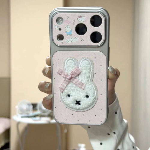 粉色兔子带挂绳适用苹果17/16promax手机壳iPhone15贴件14pm全包FindX9/X8小米17秒变13防摔华为pura90/80pro