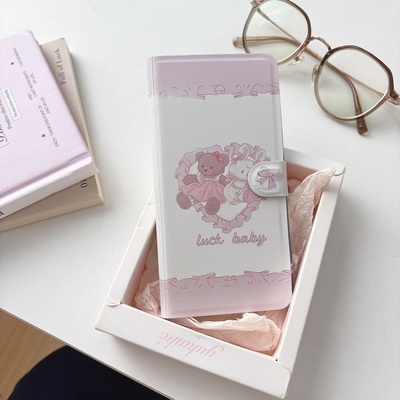 小熊兔兔翻盖皮套适用小米17promax手机壳K90/15新款K80插卡note14卡通K70创意折叠支架红米Turbo4全包13防摔