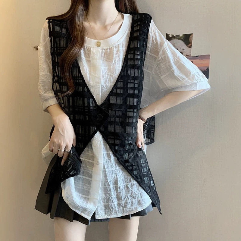 假两件洋气短袖衬衫女夏