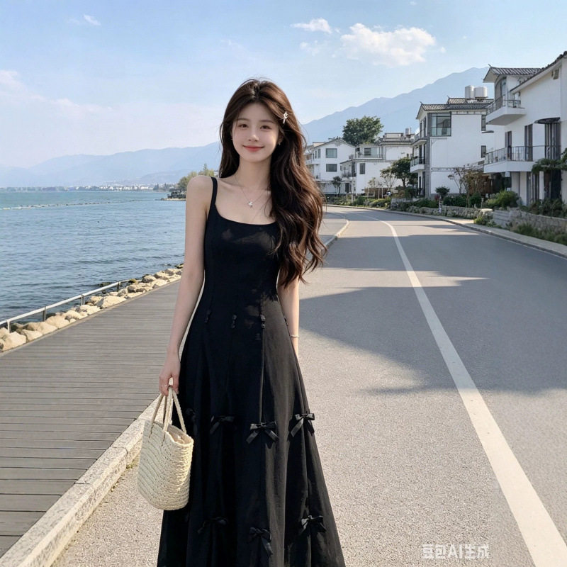 法式蓝色吊带连衣裙女夏季蝴蝶结温柔风中长裙子修身收腰显瘦短裙